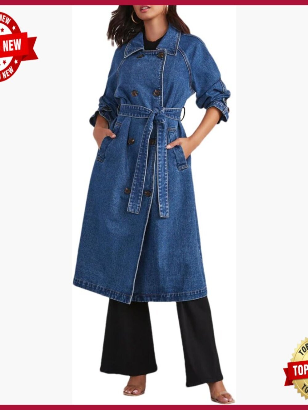 Long Denim Trench Coat Double Breasted Oversize Jacket